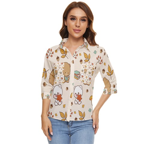 Bear Cartoon Background Pattern Seamless Animal Women s Quarter Sleeve Pocket Shirt by 99art