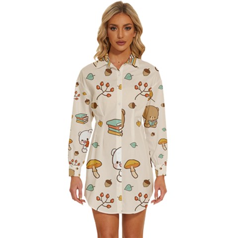 Bear Cartoon Background Pattern Seamless Animal Womens Long Sleeve Shirt Dress by 99art