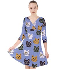 Cat Cat Background Animals Little Cat Pets Kittens Quarter Sleeve Front Wrap Dress by 99art