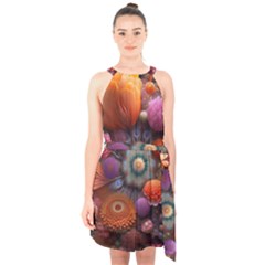 Flower Blossoms Petals Blooms Halter Collar Waist Tie Chiffon Dress by 99art