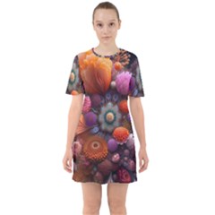 Flower Blossoms Petals Blooms Sixties Short Sleeve Mini Dress