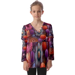 Flower Blossoms Petals Blooms Kids  V Neck Casual Top