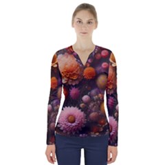 Flowers Petals Blossoms Art Flora V-neck Long Sleeve Top