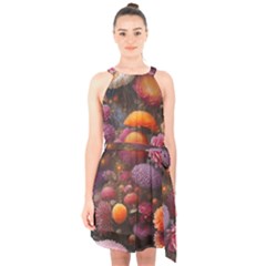 Flowers Blossoms Petals Blooms Halter Collar Waist Tie Chiffon Dress