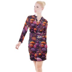 Flowers Blossoms Petals Blooms Button Long Sleeve Dress by 99art