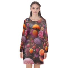 Flowers Blossoms Petals Blooms Long Sleeve Chiffon Shift Dress 