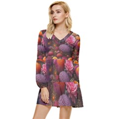 Flowers Blossoms Petals Blooms Tiered Long Sleeve Mini Dress by 99art