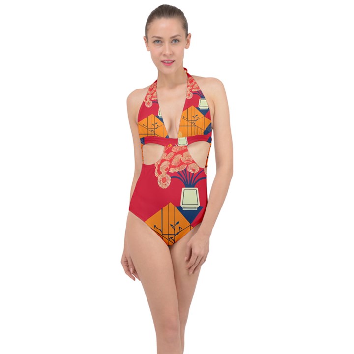 Flowers Abstract Art Painting Halter Front Plunge Swimsuit