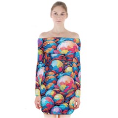 Pattern Seamless Balls Colorful Rainbow Colors Long Sleeve Off Shoulder Dress by 99art