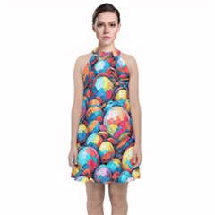 Pattern Seamless Balls Colorful Rainbow Colors Velvet Halter Neckline Dress 