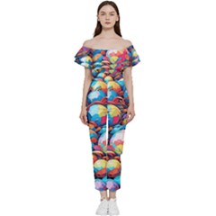 Pattern Seamless Balls Colorful Rainbow Colors Off Shoulder Ruffle Top Jumpsuit by 99art