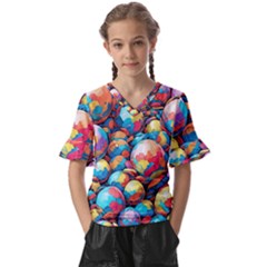 Pattern Seamless Balls Colorful Rainbow Colors Kids  V-neck Horn Sleeve Blouse by 99art