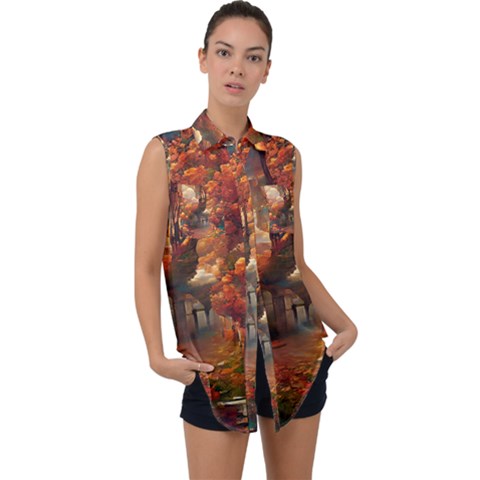 Collage Art Ai Wow Awesome Sleeveless Chiffon Button Shirt by 99art