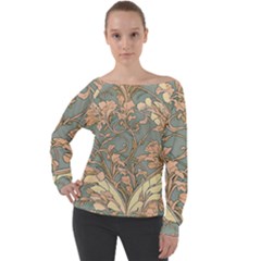 Art Nouveau Vintage Retro Pattern Floral Off Shoulder Long Sleeve Velour Top by 99art