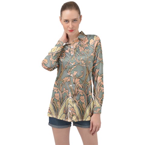 Art Nouveau Vintage Retro Pattern Floral Long Sleeve Satin Shirt by 99art