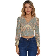 Art Nouveau Vintage Retro Pattern Floral Long Sleeve V-neck Top by 99art