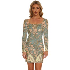 Art Nouveau Vintage Retro Pattern Floral Long Sleeve Square Neck Bodycon Velvet Dress by 99art