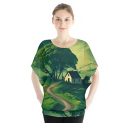 Landscape Scenery Nature Artwork Batwing Chiffon Blouse