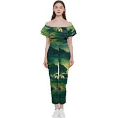 Landscape Scenery Nature Artwork Off Shoulder Ruffle Top Jumpsuit by 99art