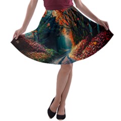 Forest Autumn Fall Painting A-line Skater Skirt by 99art