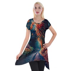 Forest Autumn Fall Painting Short Sleeve Side Drop Tunic by 99art