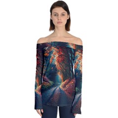 Forest Autumn Fall Painting Off Shoulder Long Sleeve Top by 99art