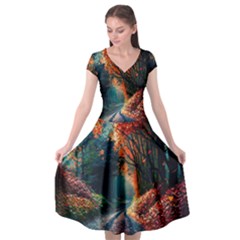 Forest Autumn Fall Painting Cap Sleeve Wrap Front Dress by 99art