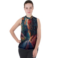 Forest Autumn Fall Painting Mock Neck Chiffon Sleeveless Top by 99art