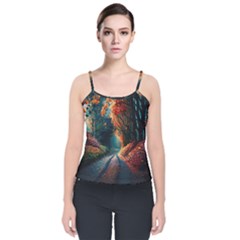 Forest Autumn Fall Painting Velvet Spaghetti Strap Top by 99art