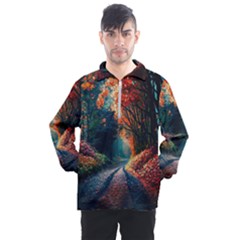 Forest Autumn Fall Painting Men s Half Zip Pullover by 99art