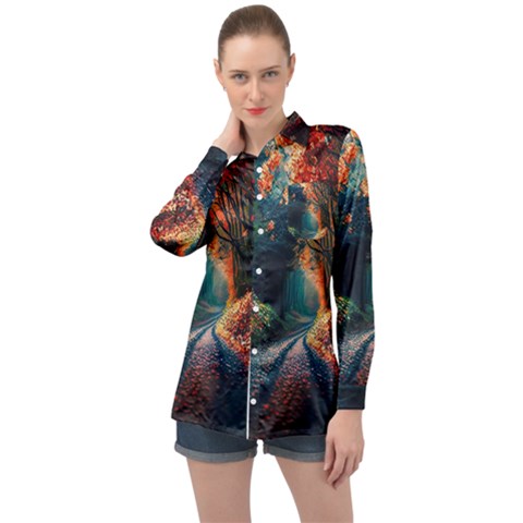 Forest Autumn Fall Painting Long Sleeve Satin Shirt by 99art