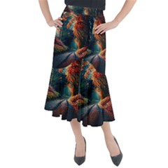 Forest Autumn Fall Painting Midi Mermaid Skirt by 99art