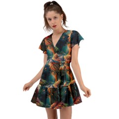 Forest Autumn Fall Painting Flutter Sleeve Wrap Dress by 99art