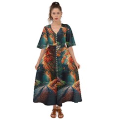 Forest Autumn Fall Painting Kimono Sleeve Boho Dress by 99art