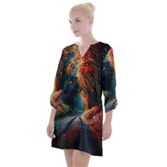 Forest Autumn Fall Painting Open Neck Shift Dress by 99art