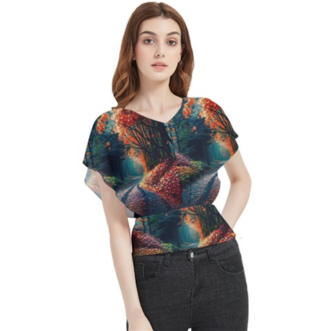 Forest Autumn Fall Painting Butterfly Chiffon Blouse by 99art