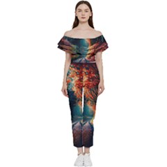 Forest Autumn Fall Painting Off Shoulder Ruffle Top Jumpsuit by 99art