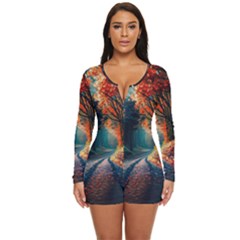 Forest Autumn Fall Painting Long Sleeve Boyleg Swimsuit by 99art