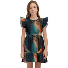 Forest Autumn Fall Painting Kids  Winged Sleeve Dress by 99art