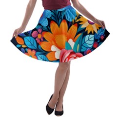 Flowers Bloom Spring Colorful Artwork Decoration A-line Skater Skirt by 99art