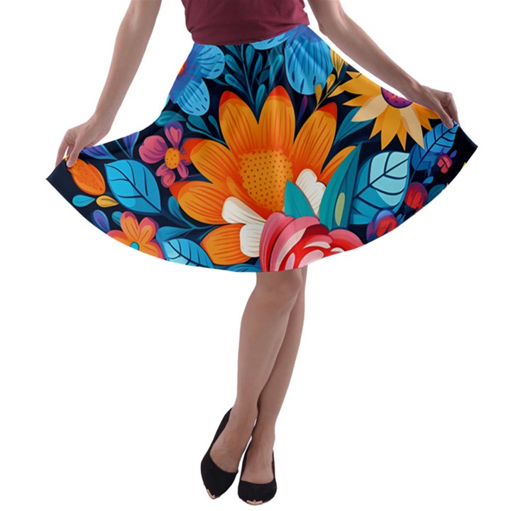 Flowers Bloom Spring Colorful Artwork Decoration A-line Skater Skirt