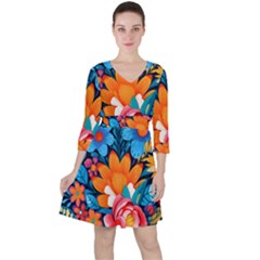 Flowers Bloom Spring Colorful Artwork Decoration Quarter Sleeve Ruffle Waist Dress by 99art