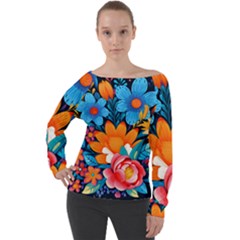 Flowers Bloom Spring Colorful Artwork Decoration Off Shoulder Long Sleeve Velour Top by 99art