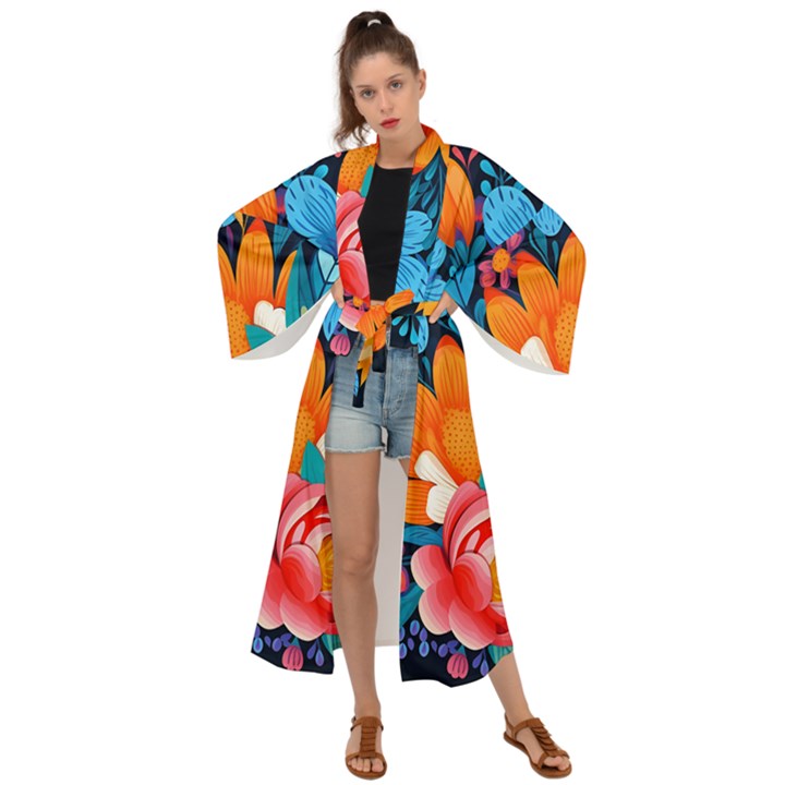 Flowers Bloom Spring Colorful Artwork Decoration Maxi Kimono