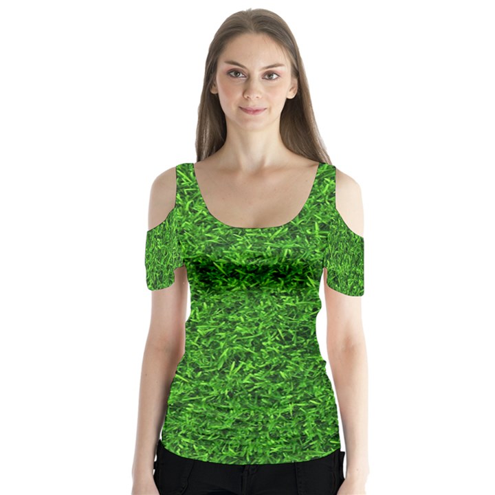 Green Grass Texture Summer Butterfly Sleeve Cutout Tee 