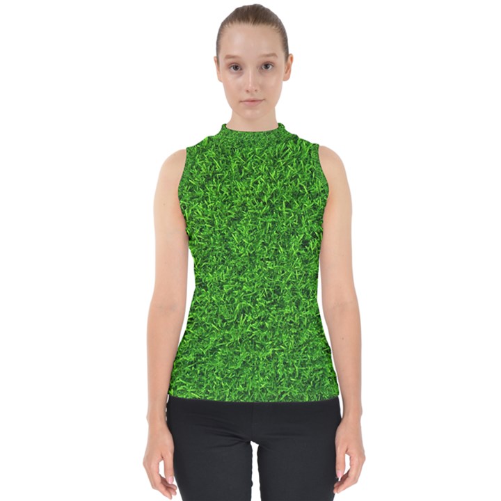 Green Grass Texture Summer Mock Neck Shell Top