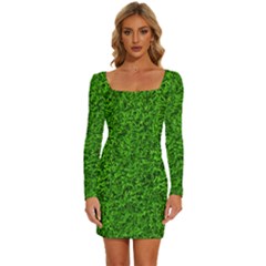 Green Grass Texture Summer Long Sleeve Square Neck Bodycon Velvet Dress by 99art