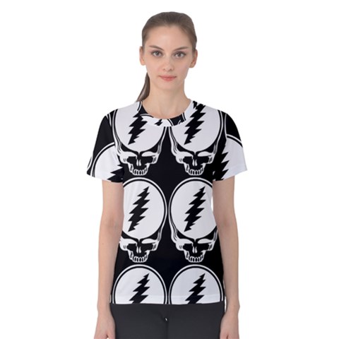 Black And White Deadhead Grateful Dead Steal Your Face Pattern Women s Cotton Tee by 99art