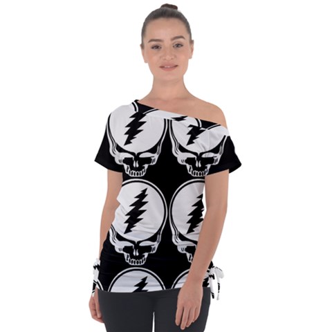 Black And White Deadhead Grateful Dead Steal Your Face Pattern Off Shoulder Tie-up Tee by 99art