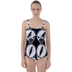 Black And White Deadhead Grateful Dead Steal Your Face Pattern Twist Front Tankini Set by 99art